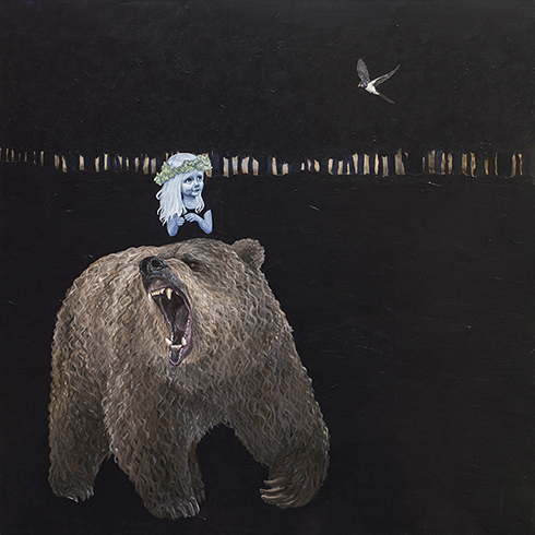 "Hvis en bjørn brøler om natten, kan man så høre det?" Akryl på lærred 150 x 150 cm