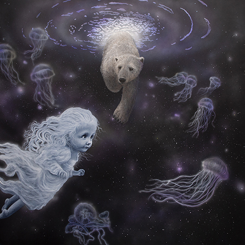 "Hvem er tættest på kysten, når man svømmer i uendelighedens hav" Akryl på lærred 150 x 150 cm