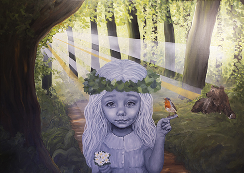 "Fuglen sang om guld og grønne skove - og den havde helt ret" Akryl på lærred 110 x 150 cm 
